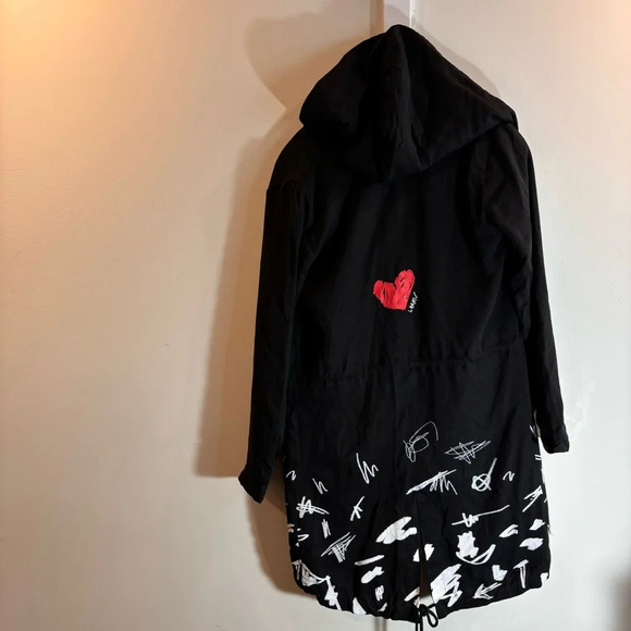 DESIGUAL Sz 36 Abstract Script Red Heart Hooded Drawstrings Canvas Trench Coat - Picture 8 of 15